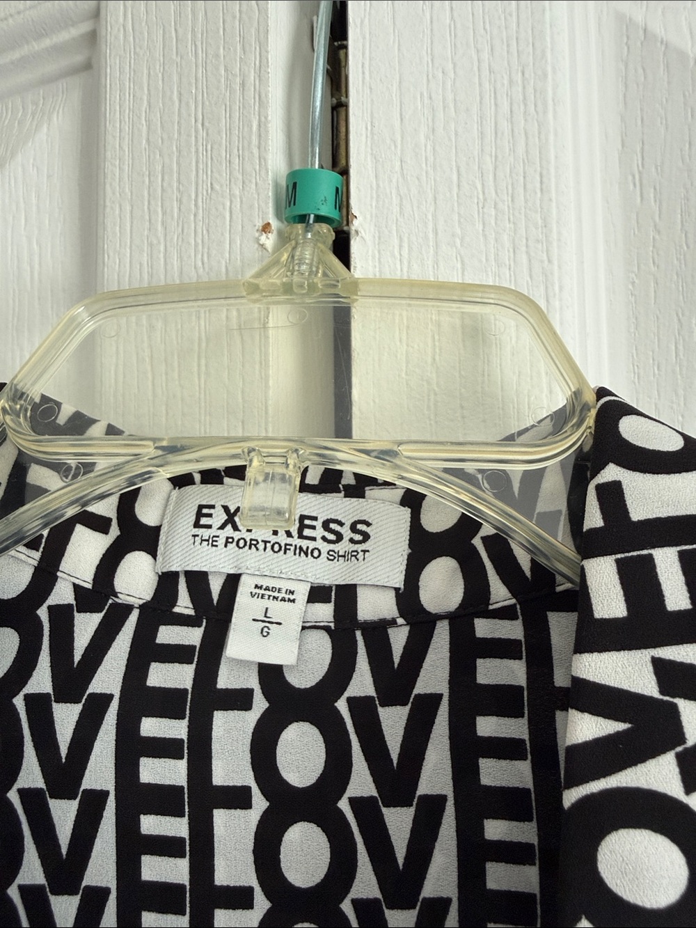 Express Black & White Graphic 'LOVE' Pattern Button-Up Shirt - Picture 2 of 6